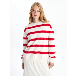 LCW Vision Kırmızı Bisiklet Yaka Çizgili Oversize Kadın Sweatshirt