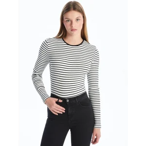 LCW Vision Siyah Bisiklet Yaka Çizgili Kadın Body