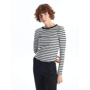 LCW Vision Siyah Bisiklet Yaka Çizgili Kadın Tişört