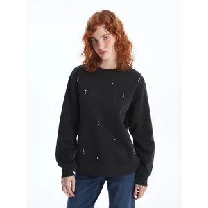 LCW Vision Siyah Bisiklet Yaka Parlak Taşlı Kadın Kalın Sweatshirt