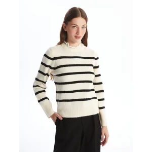 LCW Vision Siyah Fırfırlı Dik Yaka Çizgili Uzun Kollu Kadın Triko Kazak