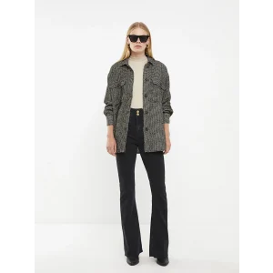 LCW Vision Siyah Önden Düğme Kapamalı Desenli Uzun Kollu Kadın Tüvit Gömlek Ceket