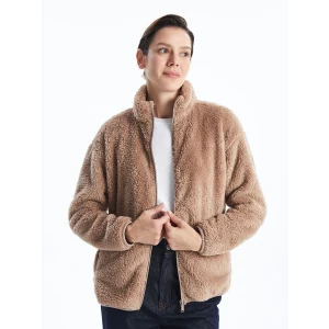 LCWAIKIKI Basic Kahverengi Dik Yaka Pelüş Kadın Fermuarlı Sweatshirt