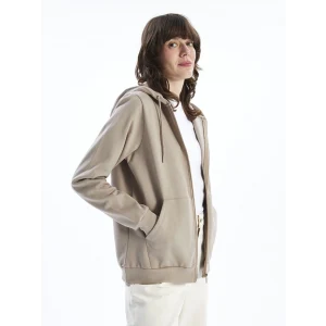 LCWAIKIKI Basic Kahverengi Kapüşonlu Düz Uzun Kollu Kadın Fermuarlı Sweatshirt