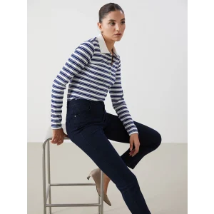 LCWAIKIKI Basic Lacivert Polo Yaka Çizgili Kadın Tişört