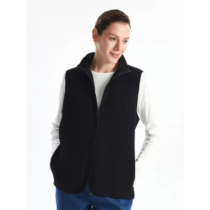 LCWAIKIKI Basic Siyah Kadın Dik Yaka Düz Polar Yelek