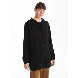 LCWAIKIKI Basic Siyah Kapüşonlu Oversize Kadın Fermuarlı Sweatshirt