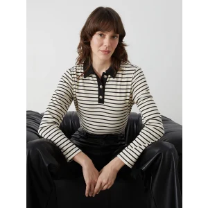 LCWAIKIKI Basic Siyah Polo Yaka Çizgili Kadın Tişört