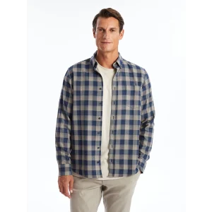 LCWAIKIKI Classic Bej Regular Fit Uzun Kollu Ekose Gabardin Erkek Gömlek