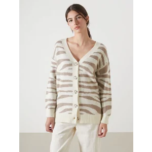 LCWAIKIKI Classic Ekru V Yaka Zebra Desenli Kadın Triko Hırka