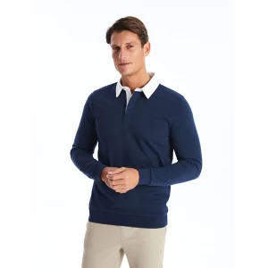 LCWAIKIKI Classic İndigo Polo Yaka Uzun Kollu Erkek Sweatshirt