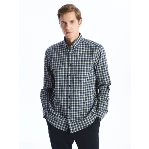 LCWAIKIKI Classic Lacivert Düğmeli Yaka Ekose Regular Fit Erkek Gömlek