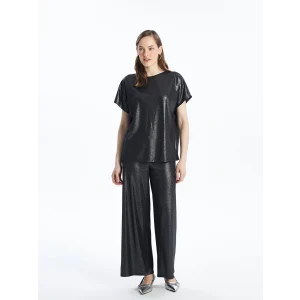 LCWAIKIKI Classic Siyah Beli Lastikli Düz Geniş Paça Kadın Metalik Pantolon