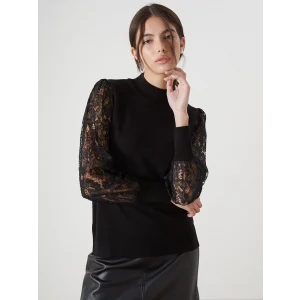 LCWAIKIKI Classic Siyah Yarım Balıkçı Yaka Dantel Detaylı Kadın Triko Kazak