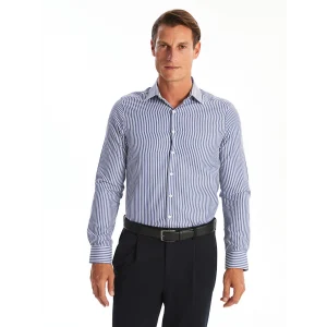 LCWAIKIKI Formal Lacivert Slim Fit Uzun Kollu Çizgili Poplin Erkek Gömlek