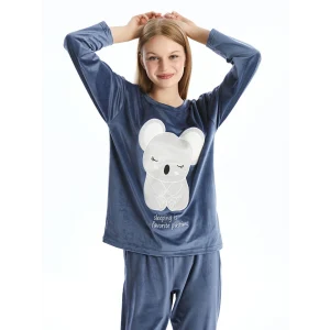 LCW Young Mor H12 Bisiklet Yaka Nakışlı Uzun Kollu Kadife Kadın Pijama Takımı