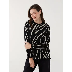 LCW Grace Siyah Bisiklet Yaka Desenli Kadın Triko Kazak
