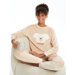 LCW Young Bej Bisiklet Yaka Nakışlı Kadın Kadife Pijama Takımı