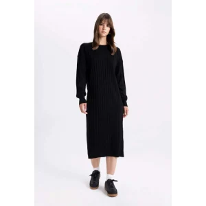 W0986 Yarım Balıkçı Yaka Uzun Kollu Midi Elbise