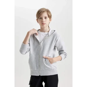 X5844 Basic Kapüşonlu Fermuarlı Cepli Gri Okul Hırkası