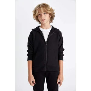 X5844 Basic Düz Siyah Kapüşonlu Fermuarlı Cepli Okul Hırkası