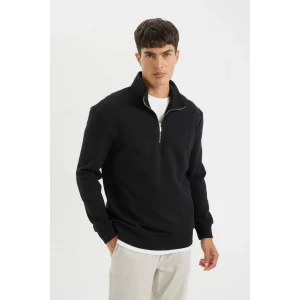 X7405 Siyah Comfort Regular Fit Rahat Kalıp Dik Yaka Fermuarlı Kalın Basic Düz Sweatshirt