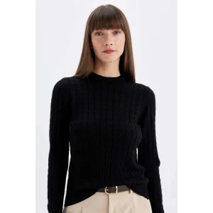 X7713 Regular Fit Bisiklet Yaka Saç Örgülü Düğmeli Siyah Triko Kazak