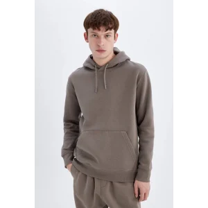 X8283 Kahverengi Cepli Regular Fit Kapüşonlu İçi Yumuşak Tüylü Basic Düz Sweatshirt