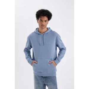 X8283 Mavi Cepli Regular Fit Kapüşonlu İçi Yumuşak Tüylü Basic Düz Sweatshirt