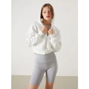 XSIDE ACTIVE Beyaz Kapüşonlu Oversize Crop Kadın Kalın Fermuarlı Sweatshirt