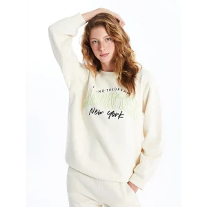 XSIDE Bej Bisiklet Yaka Baskılı Oversize Kadın Kalın Sweatshirt