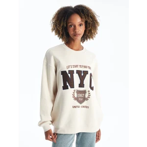 XSIDE Bej Bisiklet Yaka Nakışlı Oversize Kadın Sweatshirt