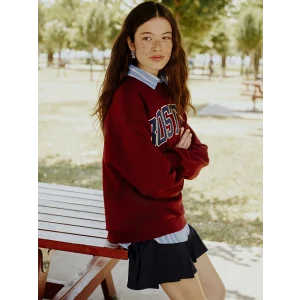 XSIDE Bordo Bisiklet Yaka Nakışlı Oversize Kadın Sweatshirt