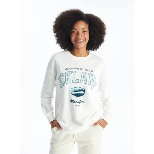 XSIDE Ekru Bisiklet Yaka Baskılı Oversize Kadın Sweatshirt