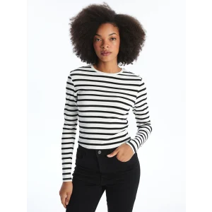 XSIDE Ekru Bisiklet Yaka Çizgili Uzun Kollu Kadın Body