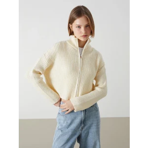 XSIDE Ekru Dik Yaka Dokulu Kadın Triko Hırka