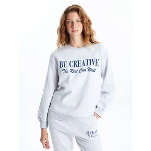XSIDE Gri Bisiklet Yaka Baskılı Kadın Kalın Sweatshirt