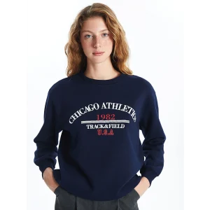 XSIDE Lacivert Bisiklet Yaka Baskılı Kadın Kalın Sweatshirt