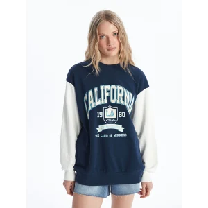 XSIDE Lacivert Bisiklet Yaka Baskılı Uzun Kollu Oversize Kadın Sweatshirt