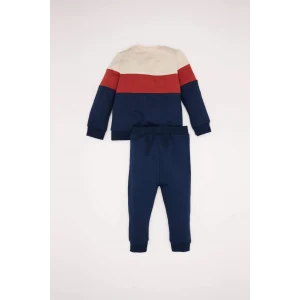 Y1410 Erkek Bebek Bisiklet Yaka Renk Bloklu İçi Yumuşak Tüylü Sweatshirt Beli Lastikli Eşofman Altı 2li Takım