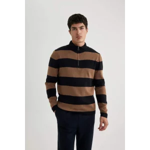 Y1577 Slim Fit Dar Kesim Çizgili Dik Yaka Fermuarlı Triko Kazak