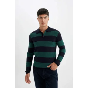 Y4194 Standart Fit Polo Yaka Çizgili Triko Kazak