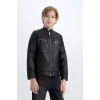 Defacto Siyah Erkek Çocuk Su İtici Dik Yaka Suni Deri Ceket Mont