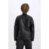Defacto Siyah Erkek Çocuk Su İtici Dik Yaka Suni Deri Ceket Mont