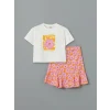 LCW Kids BEYAZ Bisiklet Yaka Çiçekli Kız Çocuk Tişört ve Etek
