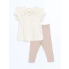 LCW baby EKRU Bisiklet Yaka Nakışlı Kız Bebek Bluz ve Tayt 2li