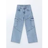 LCW Kids MAVİ Beli Ayarlanabilir Lastikli Kız Çocuk Kargo Jean Pantolon