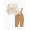 LCW baby KAHVERENGİ Bisiklet Yaka Çizgili Erkek Bebek Tişört ve Askılı Pantolon 2li