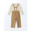 LCW baby KAHVERENGİ Bisiklet Yaka Çizgili Erkek Bebek Tişört ve Askılı Pantolon 2li