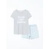 LCW DREAM MAVİ Bisiklet Yaka Baskılı Kadın Şortlu Pijama Takımı